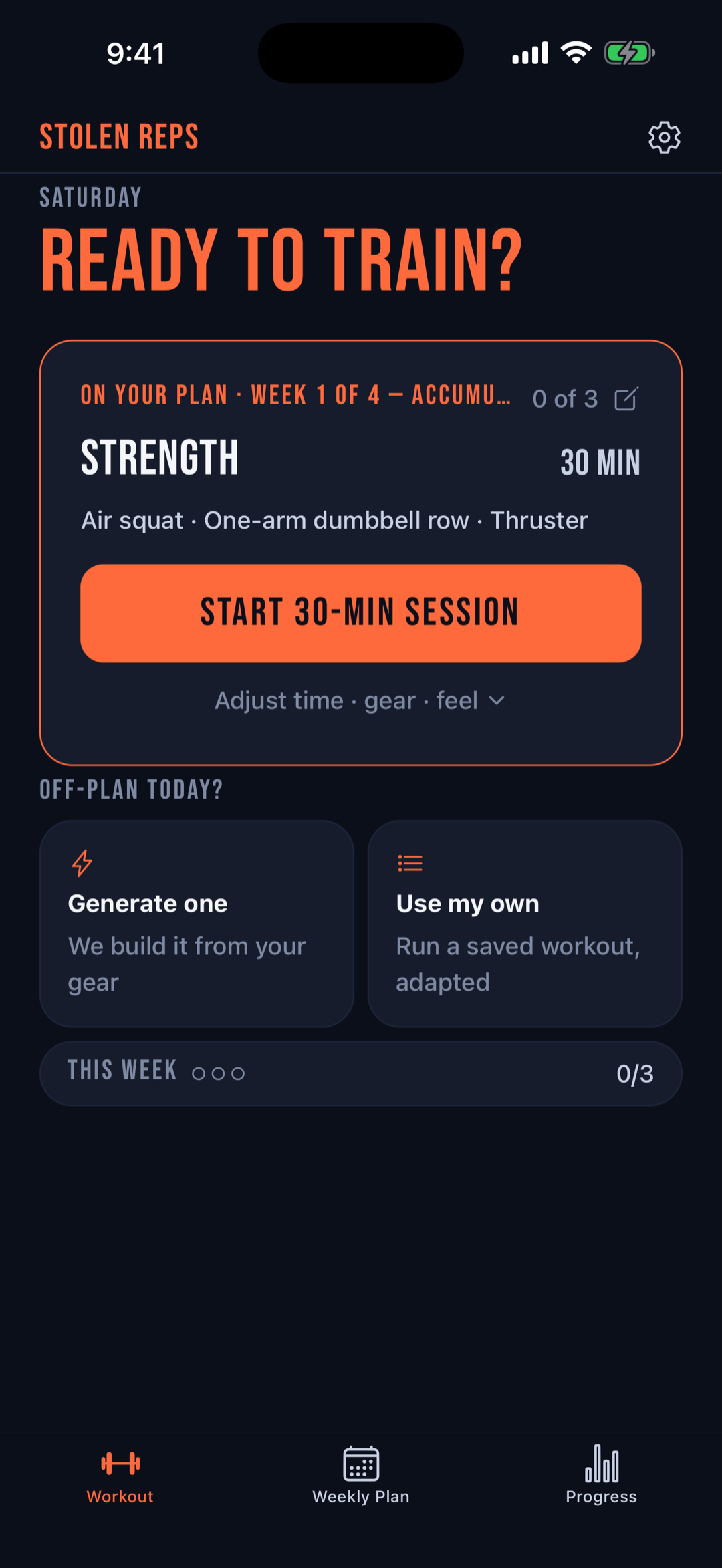 Stolen Reps home screen showing a 30-minute strength workout ready to start