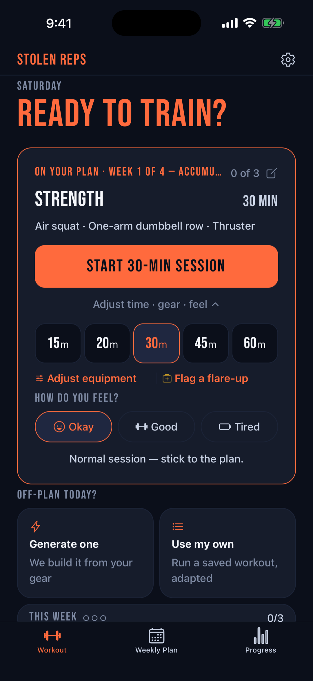 Adjusting workout time, equipment and energy level in the Stolen Reps app