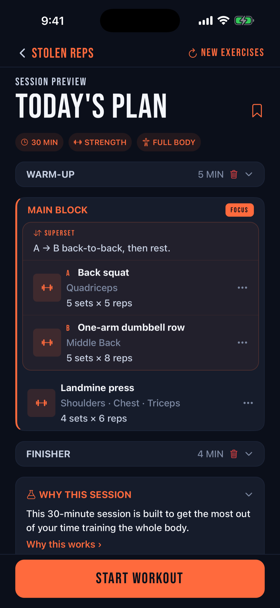 Generated 30-minute strength workout with back squat superset