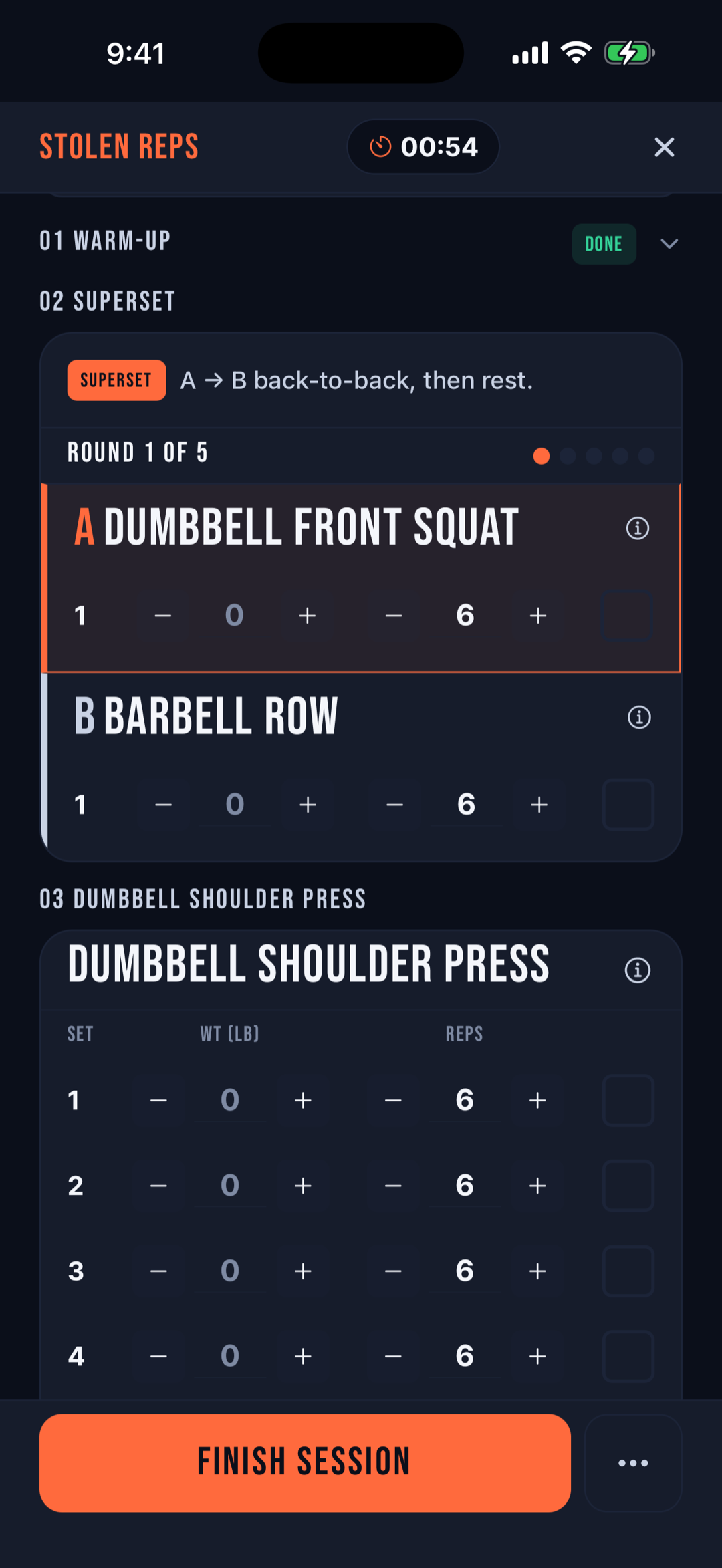 Active workout session with warm-up marked done and a dumbbell front squat and barbell row superset being logged