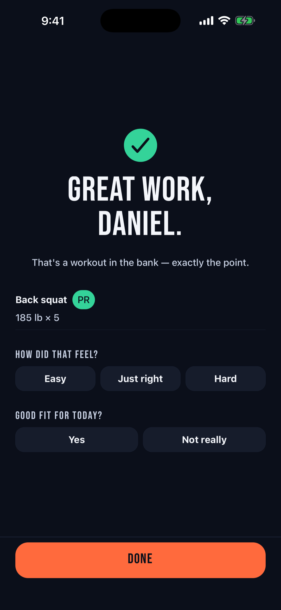 Workout complete screen showing a back squat personal record